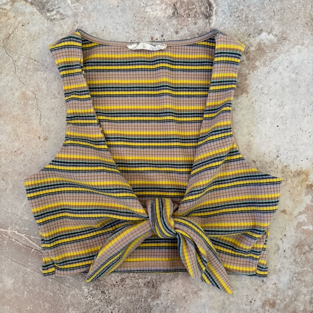 Multi Striped Ribbed Tie Front Crop Top Women’s Medium Beach Vacation Boho Surf
